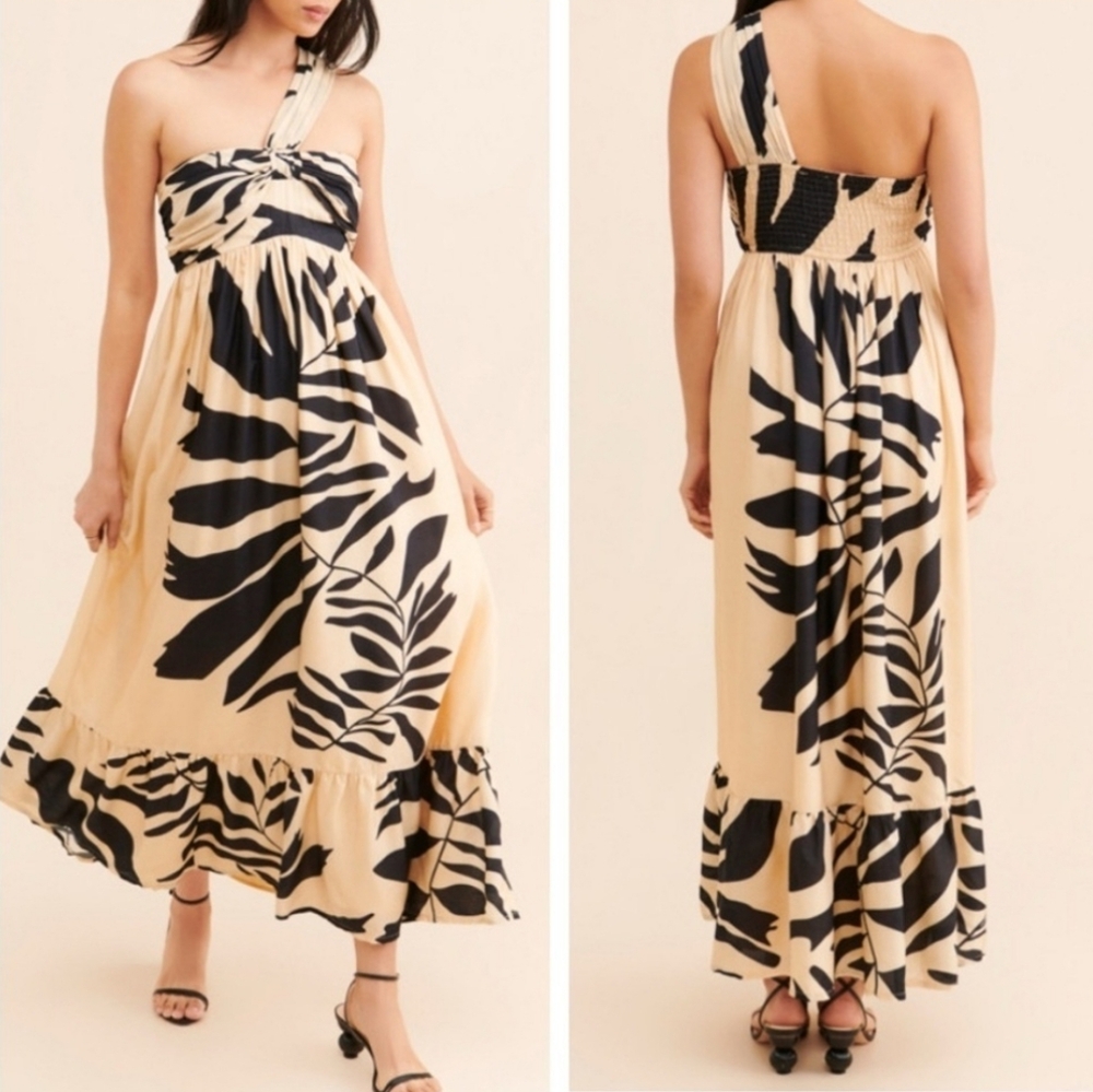 New!Let Me Be By Anthropologies Elegant Black and Cream One-Shoulder Dress